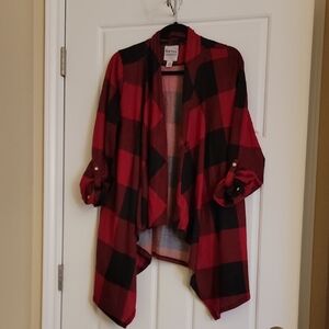 New York & Company Red and Black Plaid Draped Open Cardigan